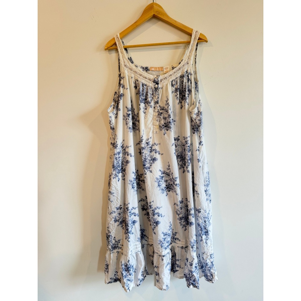 La Cera Women 2X Blue Floral Cotton Nightgown Lace Trim Ruffle Hem Sleeveless